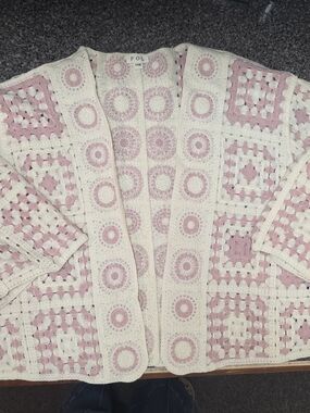 POL NWOT Pink & Cream Crochet Patchwork Cardigan Sweater